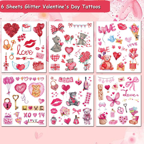 CHARLENT Glitter Valentine's Day Temporary Tattoos for Kids Women - 60 Glitter Styles Pink Heart Love Lip Roses Tattoos for Valentine's Day Party Favors Goodie Bag Fillers