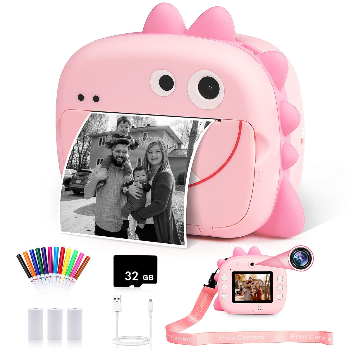 WQ Kids Camera Instant Print, 1080P Dinosaur Digital Print Camera for Kids with Dual Lens,Selfie Video Camera with Phone Connected,Zero Ink Instant Print Camera for Boys Girls 3-12