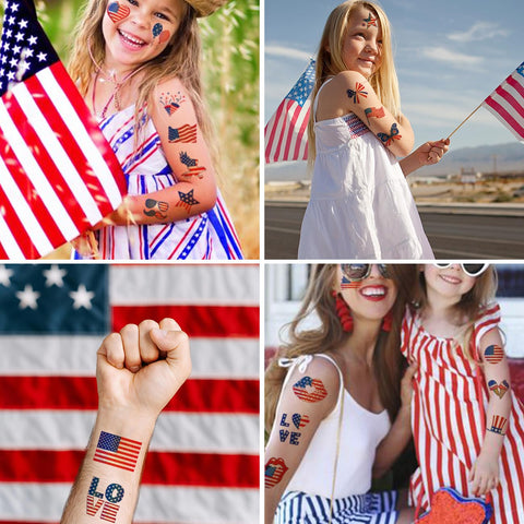 CHARLENT Glitter 4th of July Temporary Tattoos for Kids - 74 Individually Sheets Glitter American Flag Tattoos for Boys Girls Fourth of July Party Decorations and Independence Day Party Favors