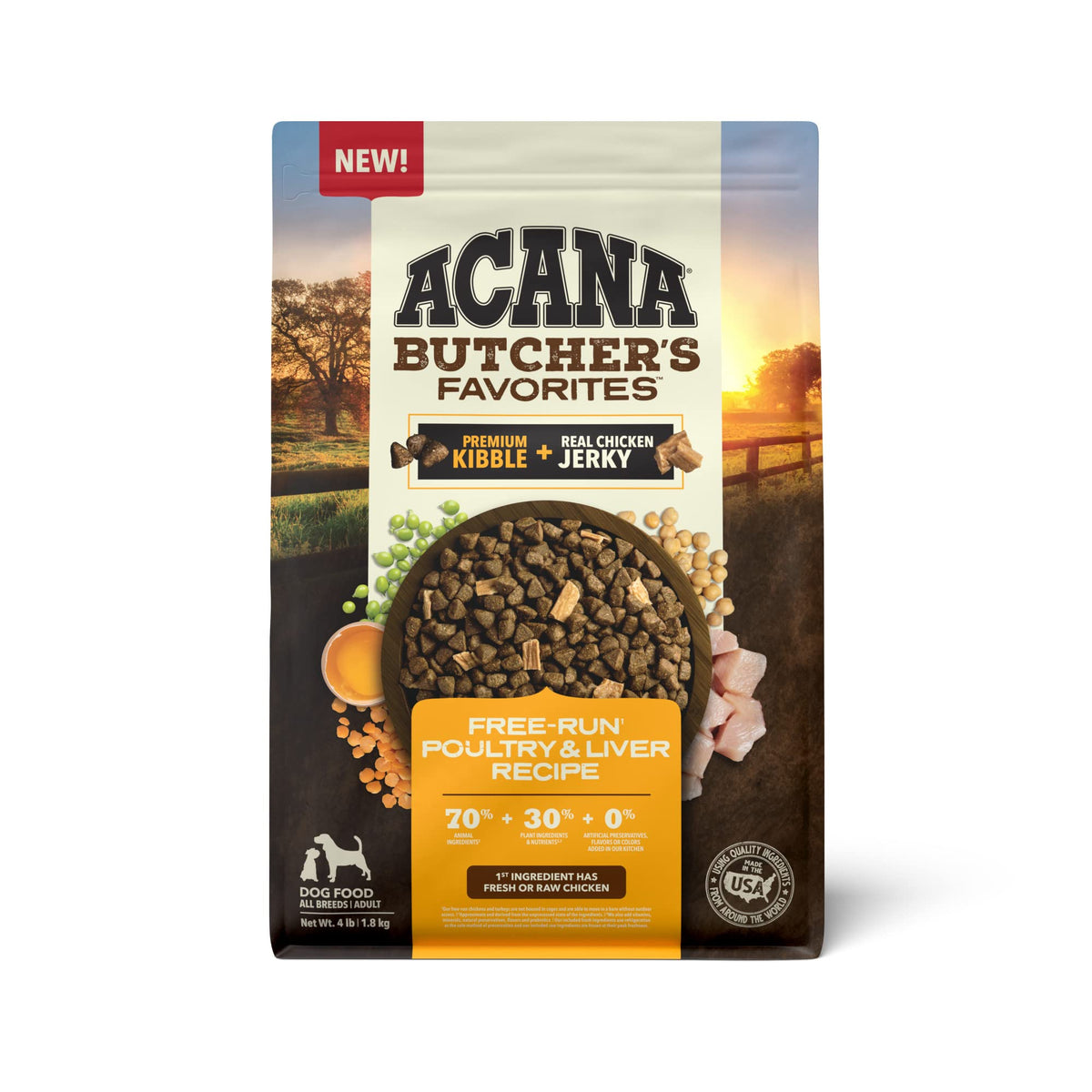 ACANA Butcher's Favorites Dry Dog Food, Free-Run Poultry* & Liver Recipe, Dog Food Kibble & real chicken jerky, 4lb