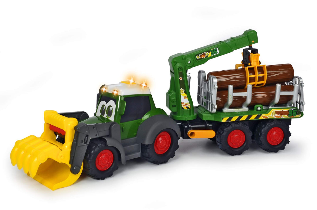 Dickie Toys 204119001 Happy Fendt Forest Toy Excavator with Trailer Mechanical Claw Over Handle Tree Trunks, Light & Sound, Batteries Included 65 cm Long, Green