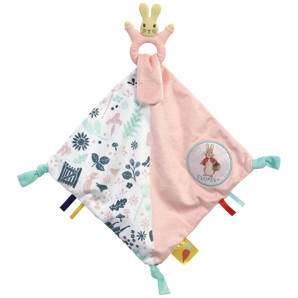 Rainbow Designs Flopsy Bunny Baby Comforter Blanket - Soft Toy Unisex Baby Gift Featuring Detachable Silicone Teether, Engaging Textures & Colours