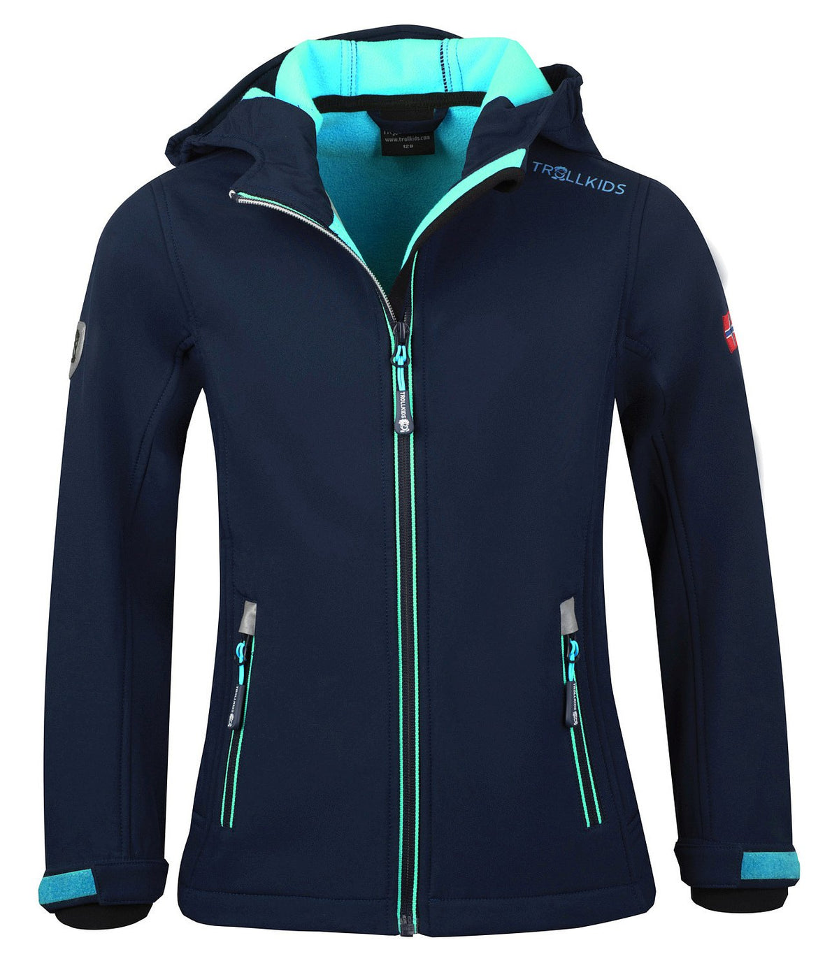 Trollkids Girls' Trollfjord softshell jacket, navy/mint, Size 13-14 (164)