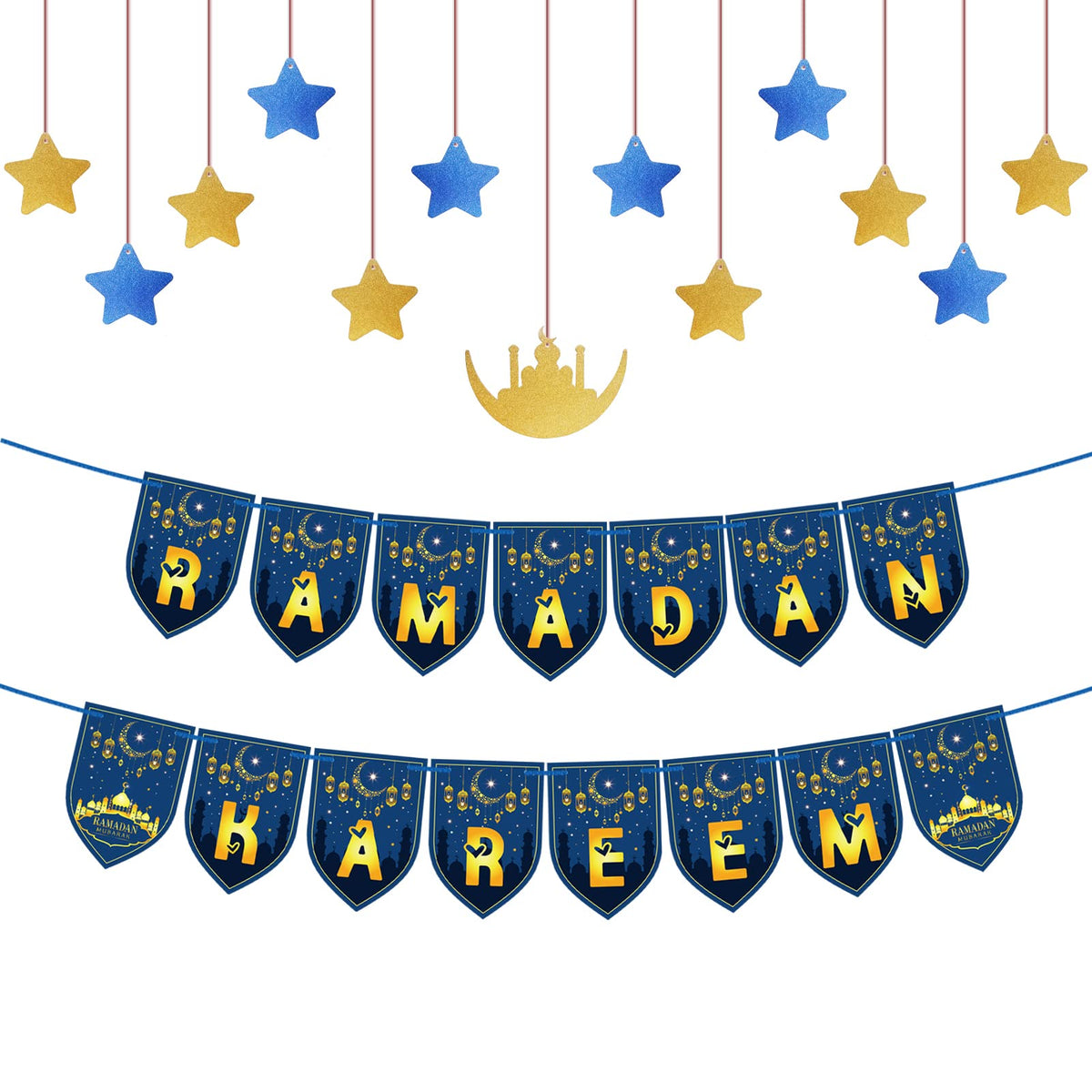 Ramadan Decorations Banner, Ramadan Decorations for Home, Ramadan Kareem Mubarak Islamic Moon Star Decorations, Muslim Hanging Moon Garland Bunting for Home Decor (Blue - Ramadan)