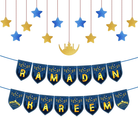 Ramadan Decorations Banner, Ramadan Decorations for Home, Ramadan Kareem Mubarak Islamic Moon Star Decorations, Muslim Hanging Moon Garland Bunting for Home Decor (Blue - Ramadan)