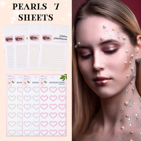 DAGEDA 7 Sheets Pearl Face Gems Stickers, 54Pairs Pearl Heart Stickers + 660Pcs Pearl Hair Gems, Pearl Beads Rhinestone Stickers Colorful Gems for Face Makeup and Crafting