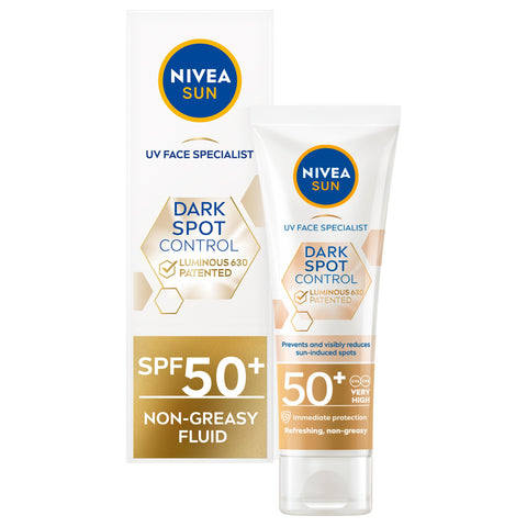 NIVEA Sun UV Face Specialist Luminous630 SPF 50+ Fluid (40ml), Visibly Reduces Sun-Induced Spots for Even and Luminous Skin, Non-Greasy with Hyaluronic Acid and Vitamin E