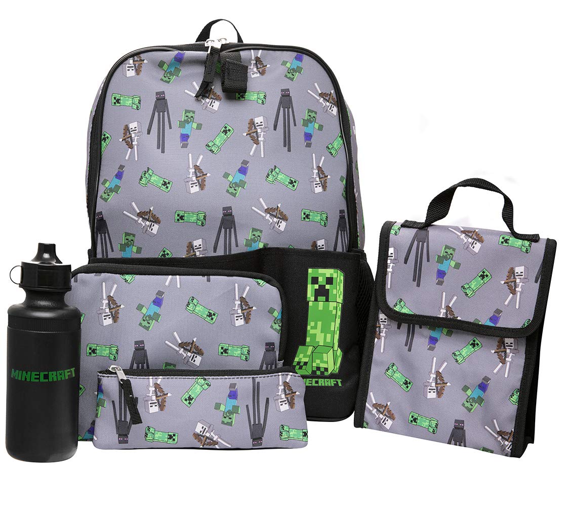 Minecraft Kids Minecraft Backpack 5 Piece School Set Including Lunchbag, Water Bottle, Pencil Case and Utility Case