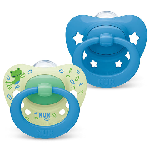 NUK Signature Baby Dummy | 6-18 Months | Soothes 95% of Babies | Heart-Shaped BPA-Free Silicone Soothers | Includes Case | Blue Stars | 2 Count