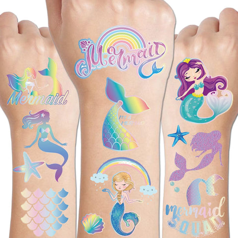 CHARLENT 100 Glitter Styles Mermaid Temporary Tattoos for Girls - 6 Sheets Glitter Mermaid Tattoos for Girls Mermaid Birthday Party Favors Goodie Bag Fillers