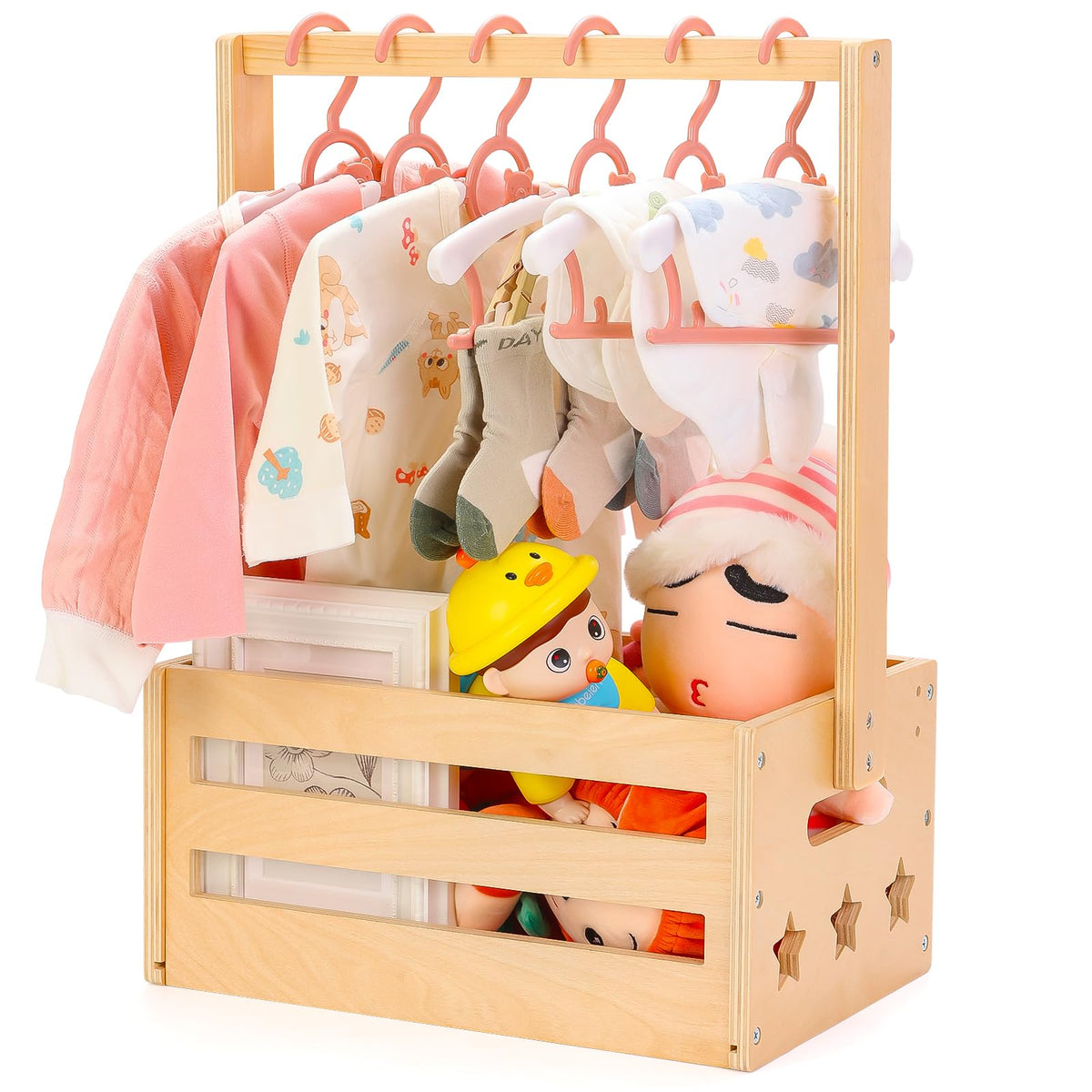 JOLYKAKI Wooden Baby Shower Crate Closet, Gifts Basket for Baby Shower Gifts, Baby Storage Crate Hamper with Handle, Welcome Gift Basket for Newborn Boys Girls, Pregnancy Gifts for New Parents