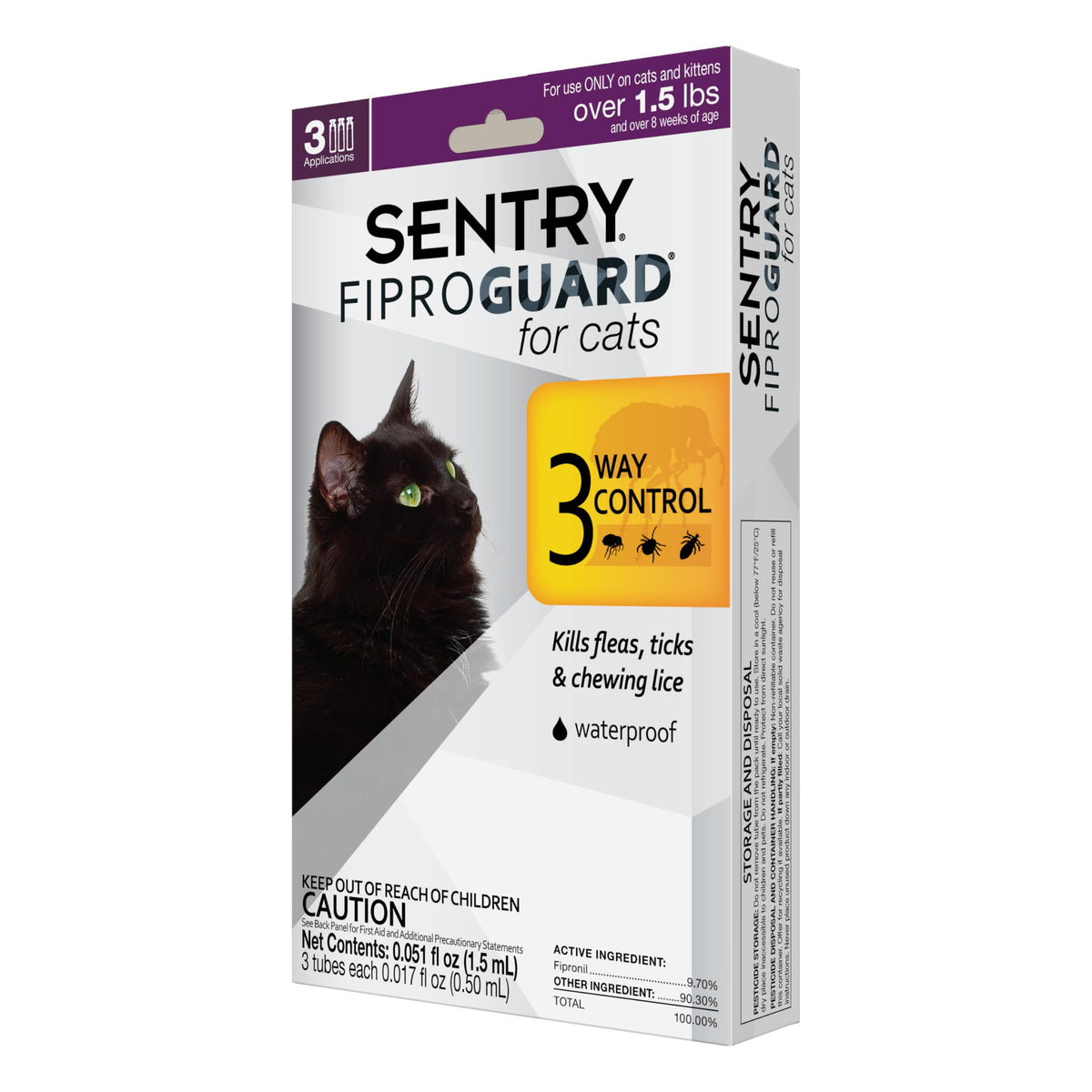 SENTRY Fiproguard for Cats, Flea and Tick Prevention for Cats (1.5 Pounds and Over), Includes 3 Month Supply of Topical Flea Treatments