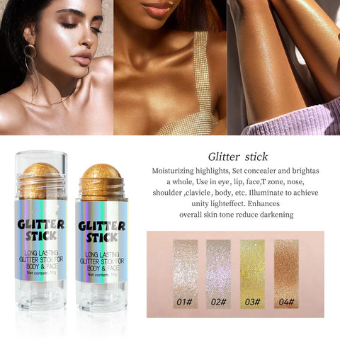 Melemando Body Highlighter Stick 5 Color Smooth Creamy Glitter Body Stick Long Lasting Shimmer Highlighter Illuminator for Face & Body & Leg (Color 04)