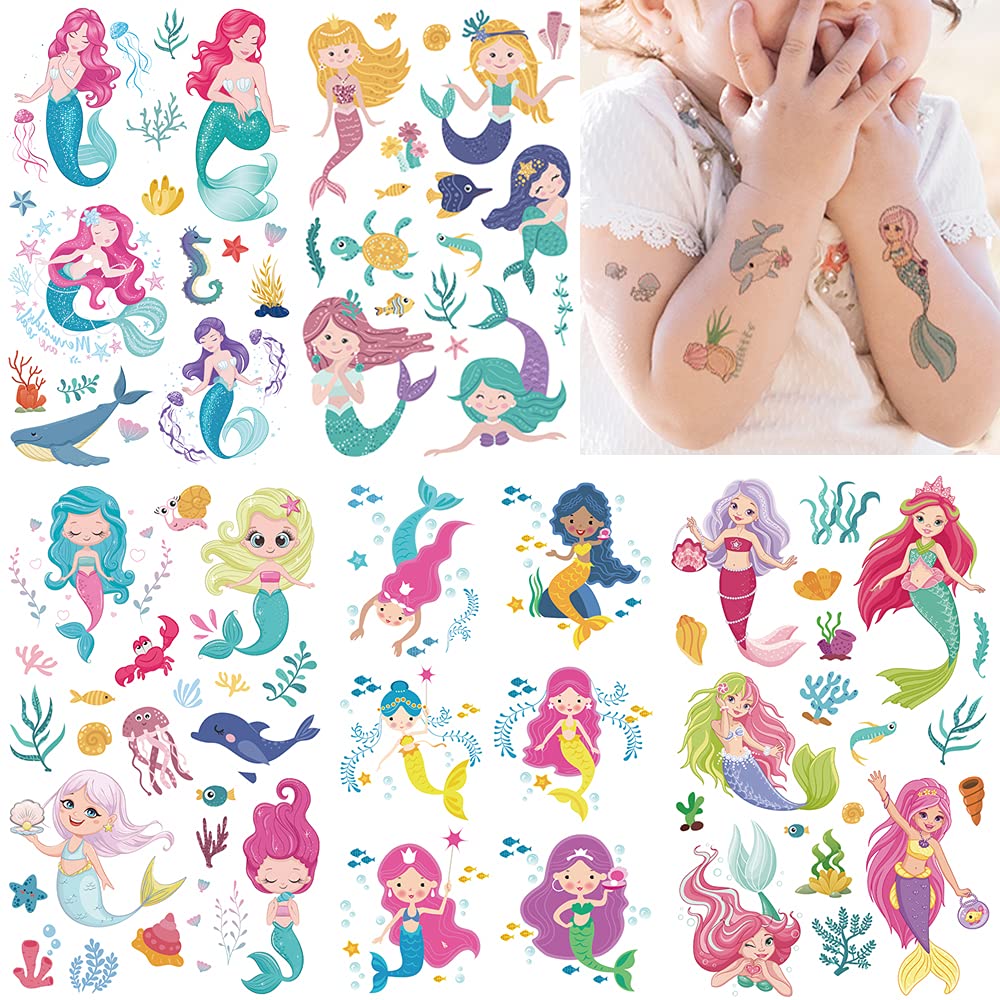 Temporary Tattoo for Kids, Waterproof Body Art Stickers, 100pcs Fake Tattoos Pattern, Cute Cartoon Tattoo Decorations, Birthday Party Favor Supplies Gift for Boys Girls Children Toddler Teens Mermaid