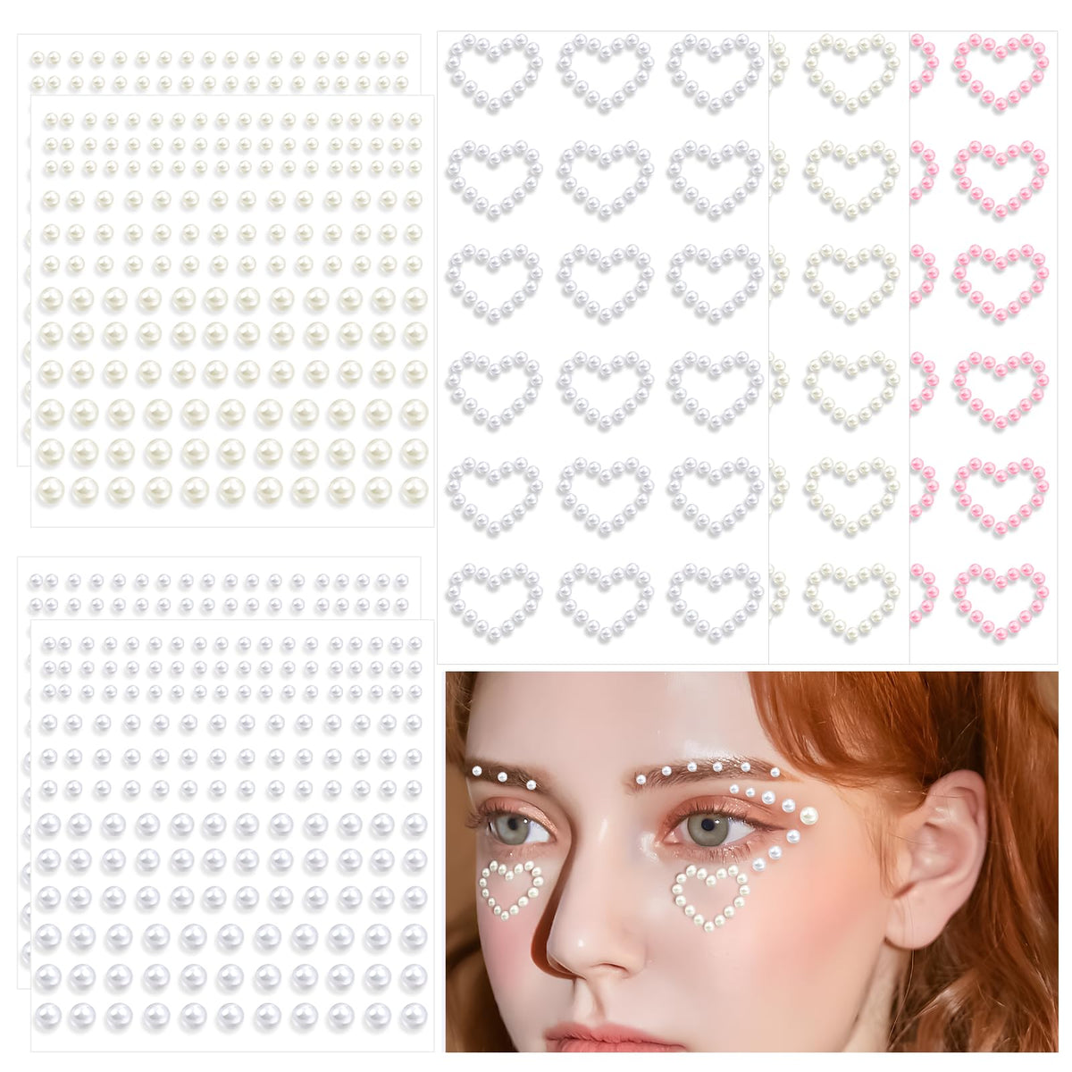 DAGEDA 7 Sheets Pearl Face Gems Stickers, 54Pairs Pearl Heart Stickers + 660Pcs Pearl Hair Gems, Pearl Beads Rhinestone Stickers Colorful Gems for Face Makeup and Crafting