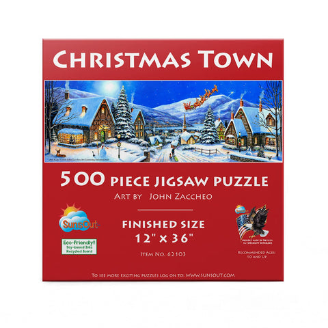 SUNSOUT INC - Christmas Town - 500 pc Jigsaw Puzzle by Artist: John Zaccheo - Finished Size 12" x 36" Christmas - MPN# 62103