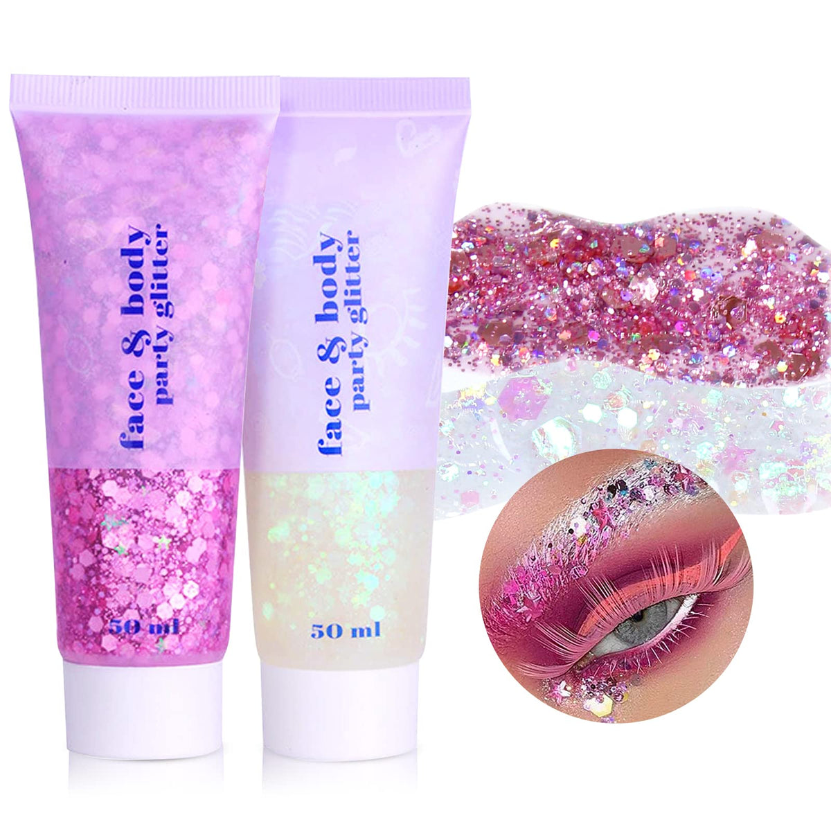 DAGEDA 2Colors Body Glitter Gel, Face Glitter Gel Body Shimmer Body Sequins Liquid Eyeshadow, Holographic Laser Glitter Makeup Extra Fine Glitter Gel for Women Rave Accessorie (White and Pink)