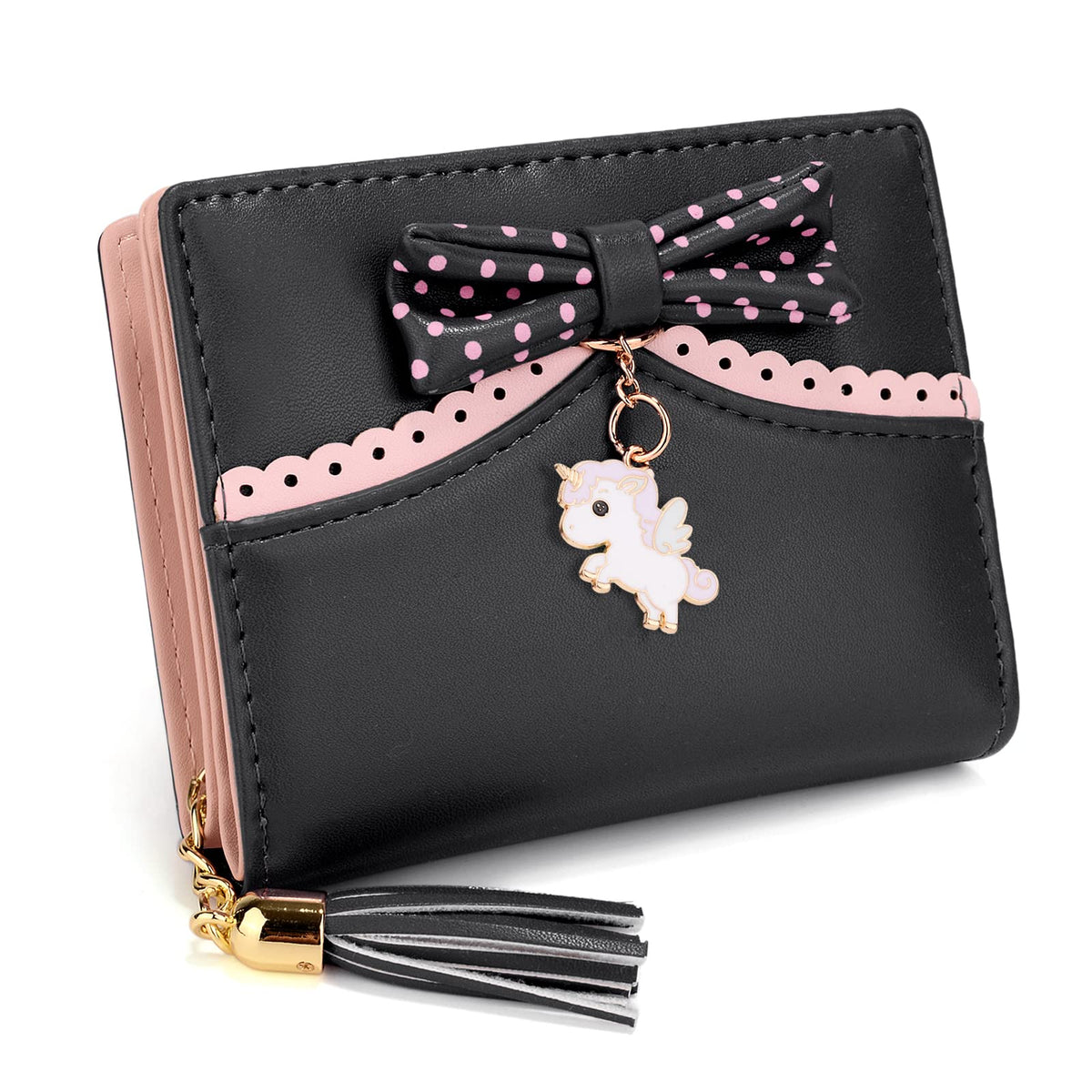 UTO Unicorn Wallet Women Zipper Coin Pocket Card Purse with Bowknot Tassel Black