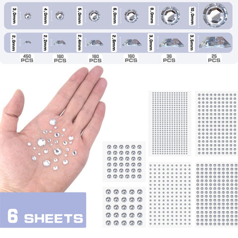 Rhinestone Face Gems Eye Jewels Stick on Crystals Hair Rhinestone Gem Stickers Hair Gem Stamper Hair Jewels Self Adhesive Diamond Stickers Face Eye Stickers for Makeup 6 Sheets, 991 PCS, Adsorted Size