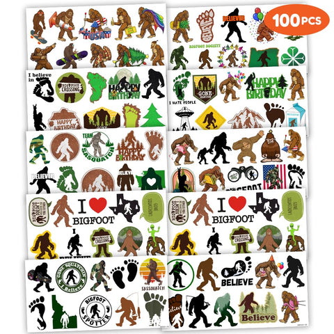 Bigfoot Temporary Tattoos 10 Sheets 100 PCS Bigfoot Jungle Party Decorations Favors Supplies Sasquatch Theme Birthday Cute Stickers Christmas Gifts for Boys Girls Class School Prizes Carnival