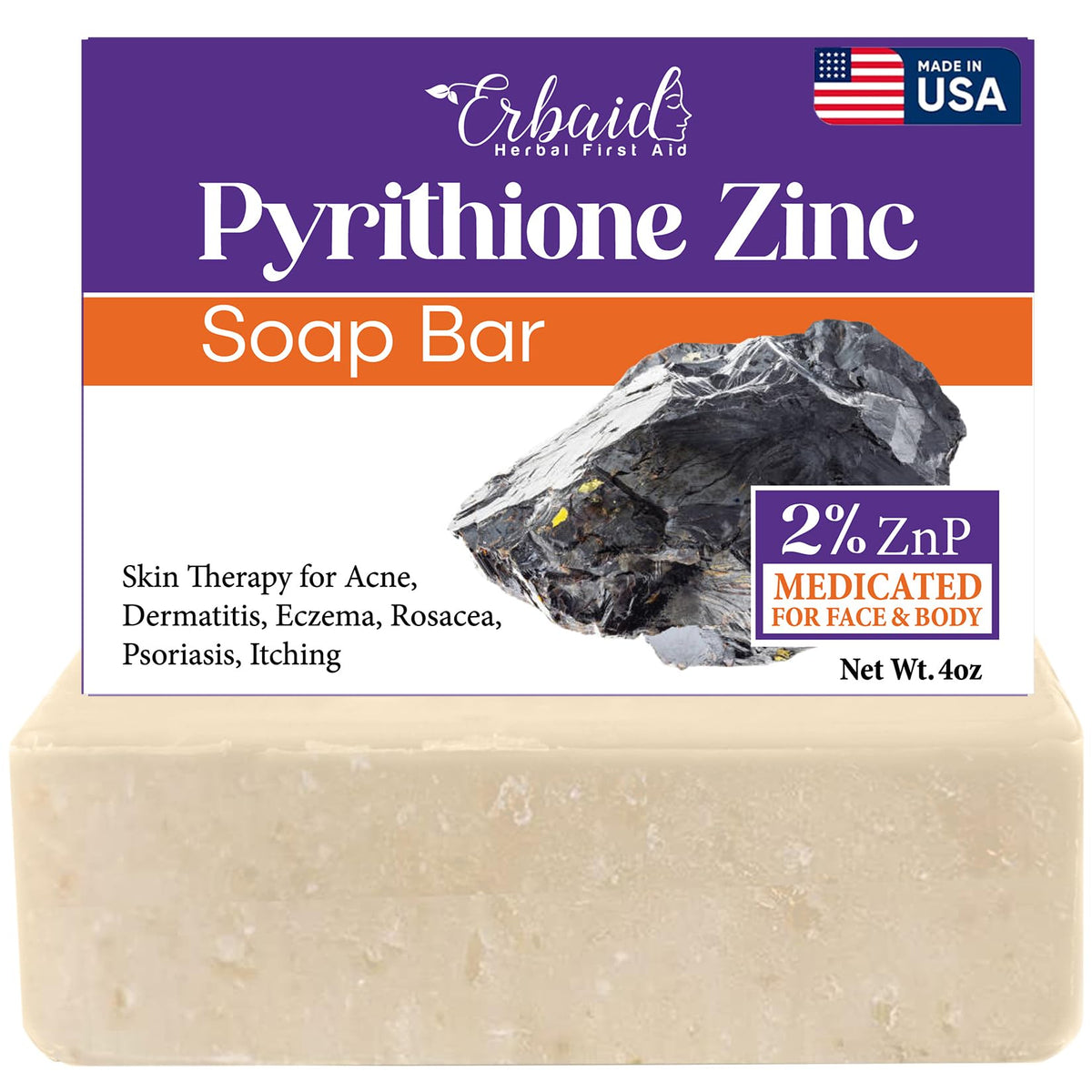 Pyrithione Zinc Soap Bar for Face & Body, 4oz | 2% ZnP Bar Soap Skin Repair Cleanser for Acne, Rosacea, Eczema, Dermatitis, Psoriasis, Itching | Cleansing, Calming Zinc Facial Wash Made in USA