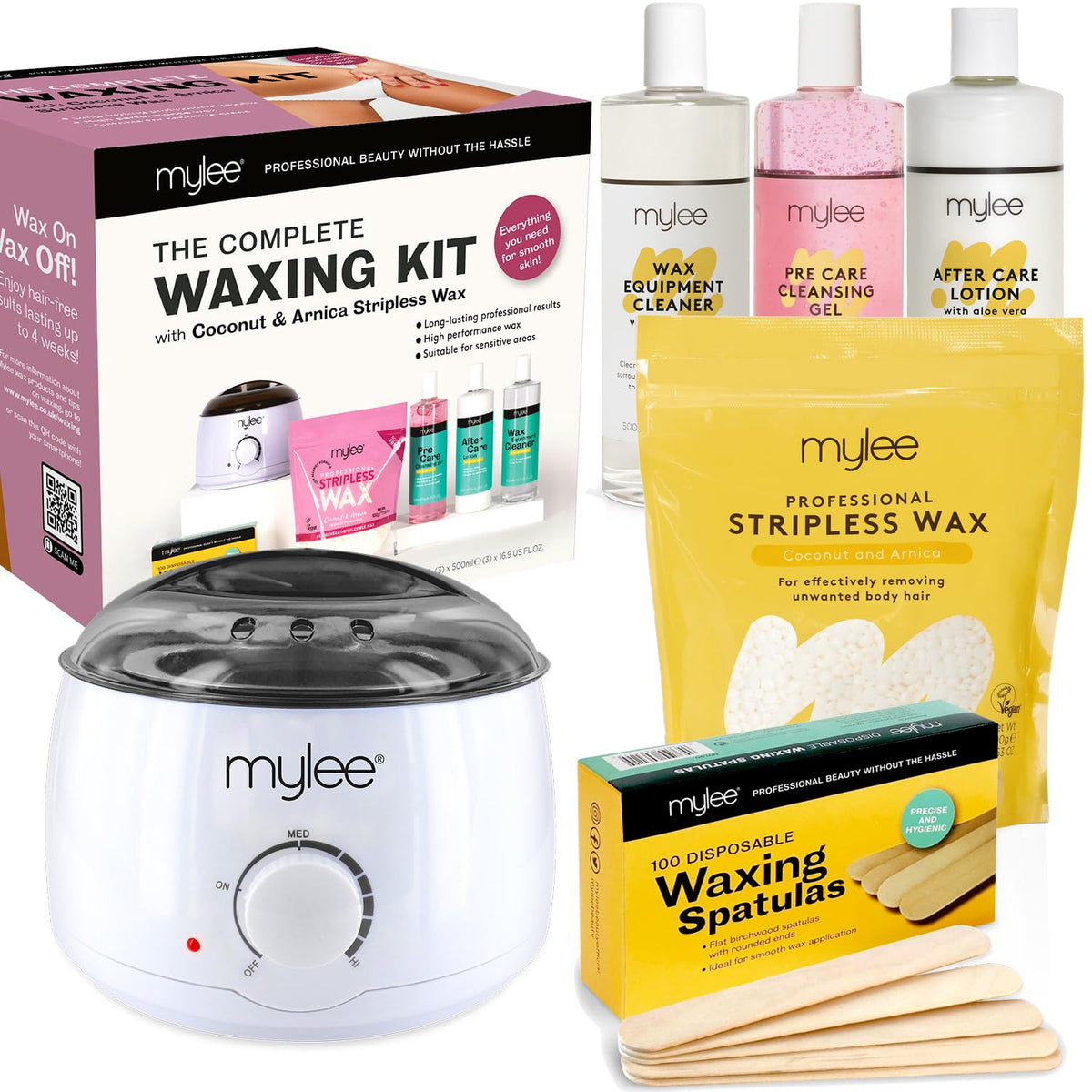 Mylee Professional Complete Waxing Kit with Wax Heater, Hard Wax Beads 500g, Applicator Spatulas, Pre & After Care Gel, Equipment Cleaner (Coconut & Arnica)