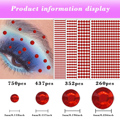 1792 Pcs Self Adhesive Rhinestones for Makeup Face Gems Stick on Face Jewels Eyes Gems Face Stickers Dotting Tools for Nail Art Body Eye Makeup Crafts Decoration Stick on Body Crystal Jewels (Big Red?