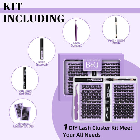 B&Q Lash Extension Kit 192 PCS Eyelash Extension Kit D Curl Lash Clusters Kit Wispy Individual Lash Kit DIY Lash Extension Kit with Lash Glue and Remover Applications (B05+B06, Kit)