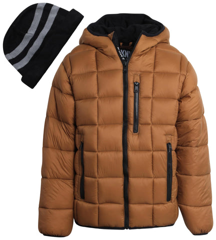 DKNY Boys' Jacket - Lightweight Checker Quilted Packable Puffer Coat with Beanie Winter Hat (8-20), Size 10-12, Oak