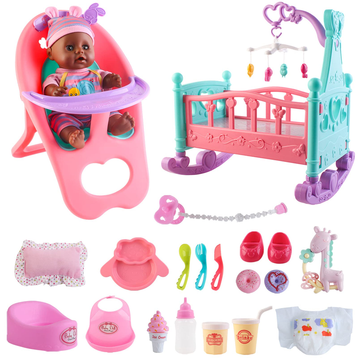 deAO 12ÃƒÂ¢Ã¢â€šÂ¬Ã‚Â ÃƒÂ¢Ã¢â€šÂ¬Ã‹Å“My First Baby DollÃƒÂ¢Ã¢â€šÂ¬Ã¢â€žÂ¢ Play Set 21 Pcs Baby Doll Play Set with Miniature Crib, Mobile, High Chair Feeding Accessories, Interactive Dolls For Girls Children Realistic Pretend Play Baby Dolls