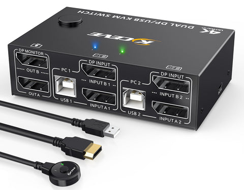 DP Dual Monitor KVM Switch DisplayPort 1.4 8K@30Hz 4K@144Hz,MLEEDA DP Extended Display KVM Switch for 2 Computers Share 2 Monitors and 4 USB 2.0 Ports,Wired Remote and 4 Cables Included