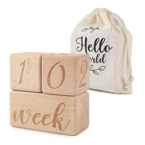 DBREAKS Baby Mileage Wooden Block,Baby Wooden Block Week Month Year,Baby Growth Registration,Gift for Newborn and Pregnancy,Fabric Bag