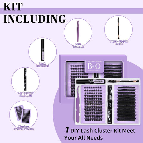 B&Q Lash Extension Kit for Beginners 192 pcs Eyelash Extension Kit B28+B37 8-18mm Mixed Lash Clusters Kit Individual Lashes Kit Wispy with Lash Glue and Remover Applications Eyelash Kit (B28+B37, Kit)