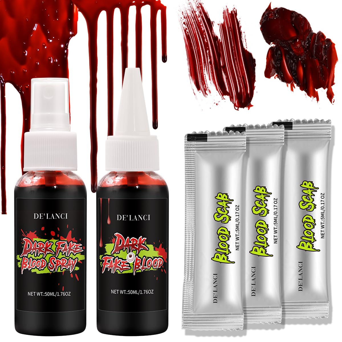 Halloween Fake Blood Makeup kit, Fake Blood Spray 1.76oz, Dripping Blood 1.76oz, 3 Fake Coagulated Blood 0.17oz, Realistic Washable Special Effects SFX Makeup Set for Clothes,Face Body,Vampire,Zombie