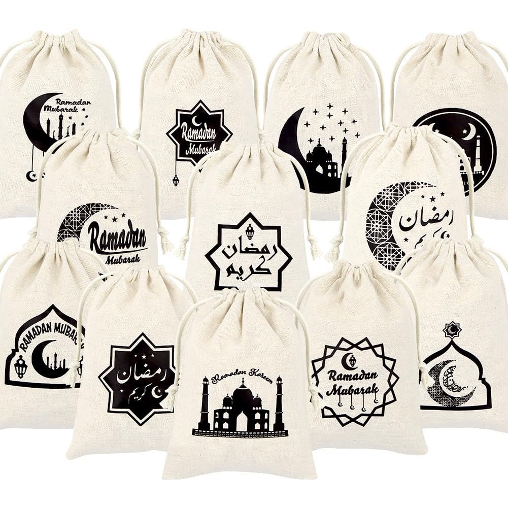 12 PCS Ramadan Drawstring Gift Bags,Eid Mubarak Goody Burlap Bag Small Drawstring Pouch Islamic Cookie Bags Eid al-Adha Islam Eid Iftar Favor Bag for Muslim Islam Party Decorations,13x18cm