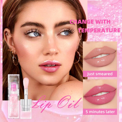 Magic Color Changing Moisturizing Lip Glow Oil, 2024 New (Pink+ Black Glitter) Color Changing Lip Oil, Warm Change Moisturizing Lip Gloss, Non-sticky Long Lasting Nourishing Transparent Lip Care