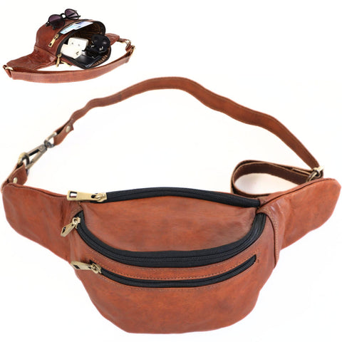 Genuine Brown Leather Waist Bag - Large Capacity Leather Belt Bag, Fanny Pack, Bum Bag, Hip Bag Crossbody & Waist Pack for Men & Women