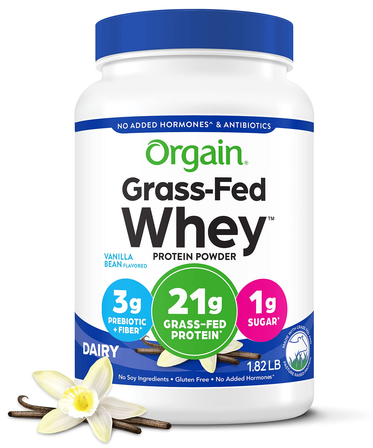 Orgain Whey Protein Powder, Vanilla Bean- 21g Grass Fed Dairy Protein, 5g BCAAs, 3g Prebiotic Fiber, No Sugar Added, No Added Hormones, Gluten Free, Kosher, For Shakes & Smoothies - 1.82lb