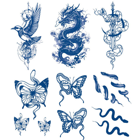 Semi Permanent Tattoo Stickers - Pack of 6, Waterproof Fake Tattoos with Snake, Butterfly, Dragon, Bird, Sword Designs - Temporary Tattoos