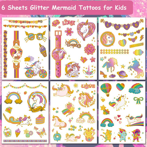 CHARLENT 65 Glitter Styles Temporary Tattoos for Girls Party Supplies - 6 Sheets Glitter Tattoos for Girls Birthday Party Favors Goodie Bag Fillers