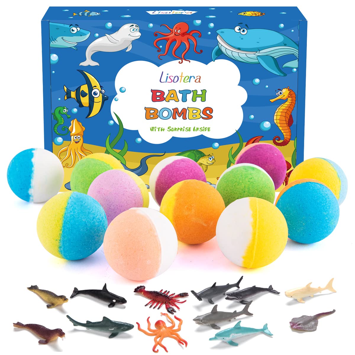 Bath Bombs for Kids with Surprise Inside - 12Pcs Kids Bubble Bath Fizzies with Sea Animal Toys. Gentle and Kids Safe for Skin Moisturize. Birthday Christmas Gifts for Boys Girls