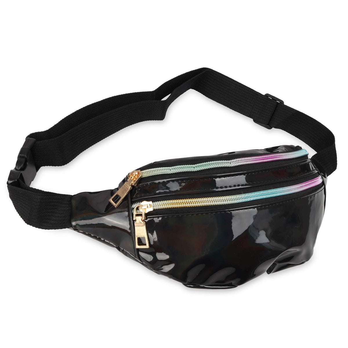 TOMOLISTIC Holographic Bumbag for Ladies - Black Waist Bag for Traveling, Cycling and Festivals - Shiny Bum Bag with Adjustable Strap - Waterproof Material