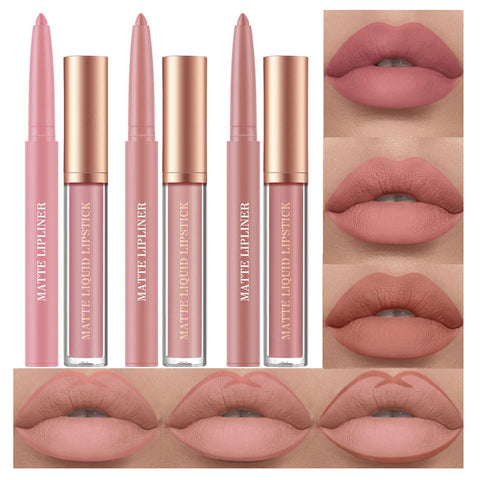 BestLand 6Pcs Matte Liquid Lipstick and Lip Liner Set, Non-Stick Cup Not Fade Waterproof Nude lipstick Makeup Kits Velvety Nude Lipliner Lip Gloss Make Up Gift Set (Set E)