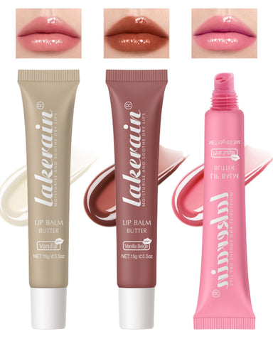 Tinted Lip Butter Balm-3 Colors Vanilla Beige Brown Pink Sugar Glossier Lip Gloss,Clear Jelly Yummy Tint Lip Stain Balm,Long Lasting Hydrating Non-Sticky Glow Reviver Fat Lip Care Oil for Women-Set A