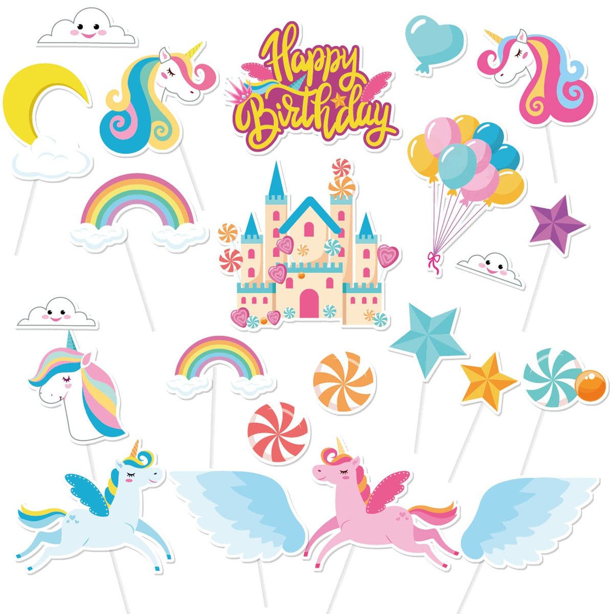 DPKOW Unicorn Birthday Cake Topper, 23pcs Rainbow Decorations, Girls 1st 2nd 3rd Birthday Party Supplies