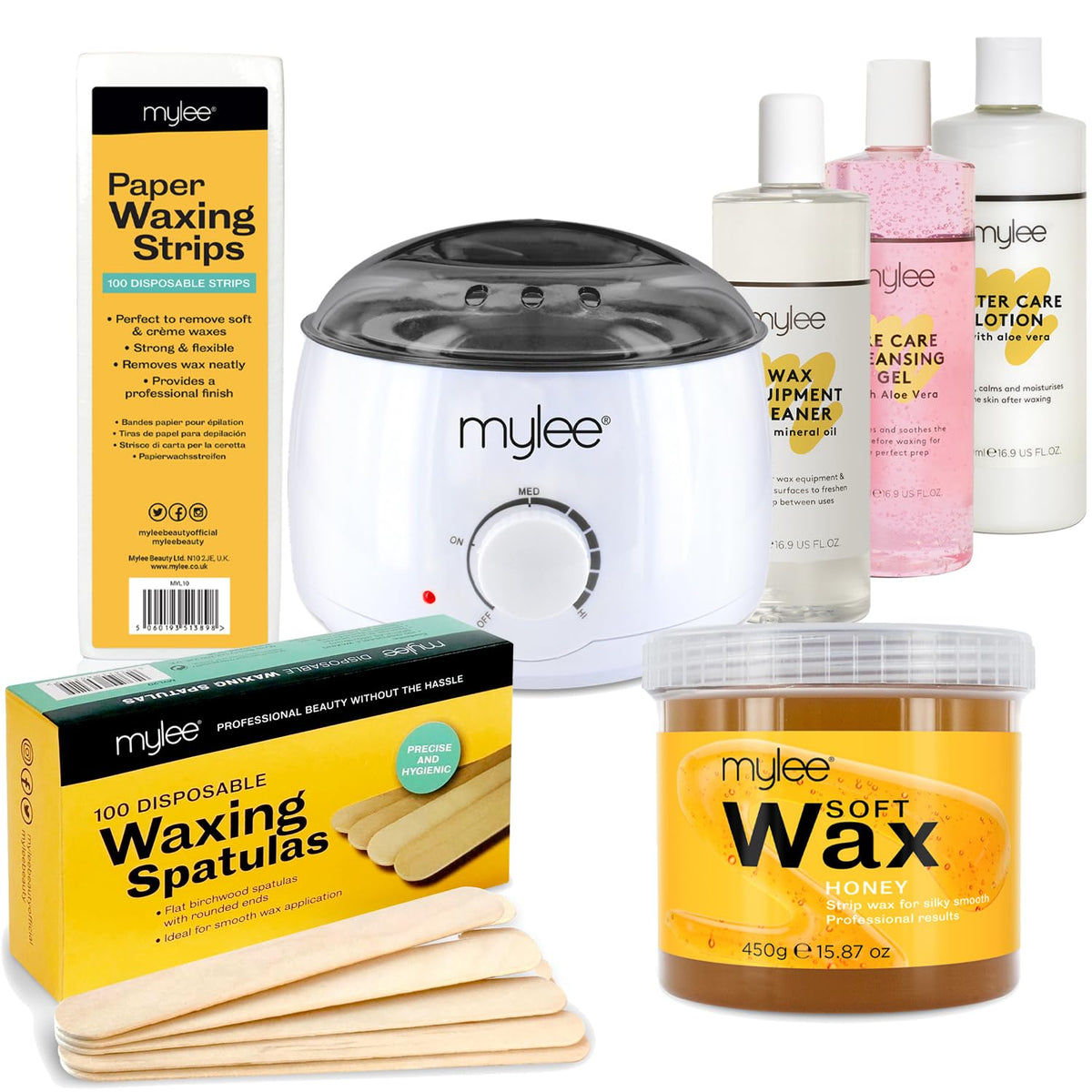 Mylee Salon Quality Waxing Kit Includes Wax Heater, Soft Honey Wax, Waxing Strips, Spatulas, Mylee Pre and After Care Lotion and Equipment Cleaner (Soft Honey Wax Kit)