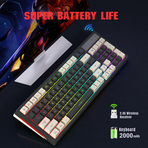 Zunate RGB Backlit, Gaming Keyboard 96 Keys, Ergonomic 2.4GHz Rechargeable Battery, with USB Cable, for Games, Office, Home