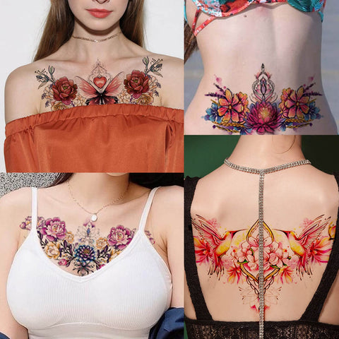 Glaryyears Chest Underboob Temporary Tattoo for Women, 10-Pack Large Floral Fake Realistic Tattoos, Long-lasting Creative Removable Tattoo Stickers, Sexy Rose Flower Tramp Stamp Sketch on Body