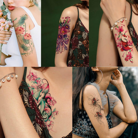 GLARYYEARS Floral Temporary Tattoo for Women, 12-Pack Large Realistic Fake Tattoos, Long lasting Beautiful 3D Flower tattoos, Makeup on Half Arm Leg Body Thigh