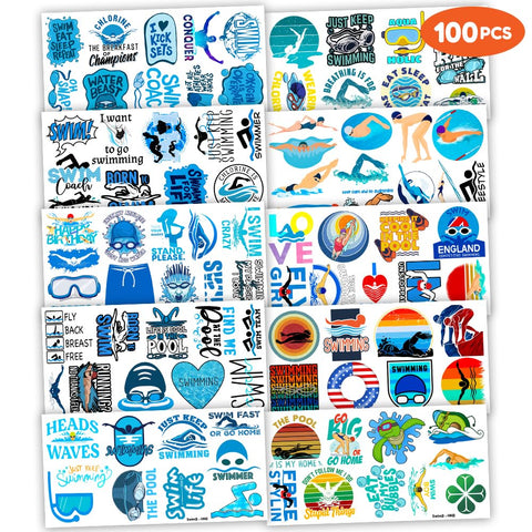 Swim Swimming Team Temporary Tattoos Stickers Summer Beach Pool Themed Birthday Party Decorations Favors Supplies Decor 100PCS Sport Tattoo Gifts For Swimmers Kids Boys Girls School Prizes Carnival